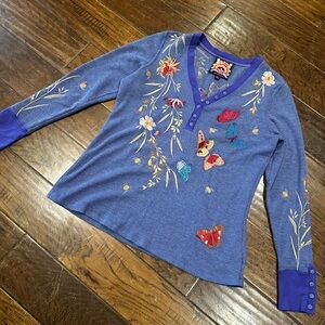 Johnny Was Purple and Blue Embroidered Butterfly and Floral Shirt Sweater Size S